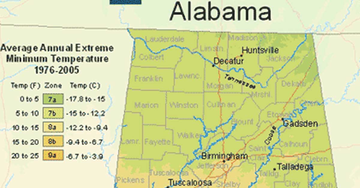 USDA hardiness zone map for Alabama