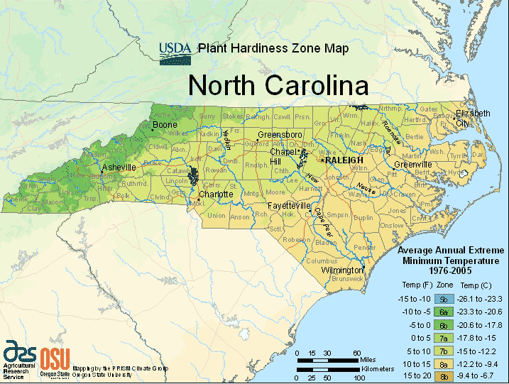 North Carolina usda hardiness planting zone map